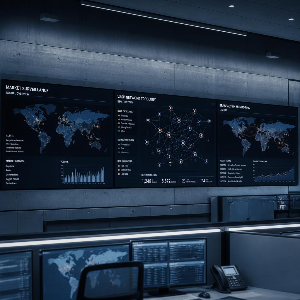 Government regulator command center with large screens showing market surveillance and VASP network topology