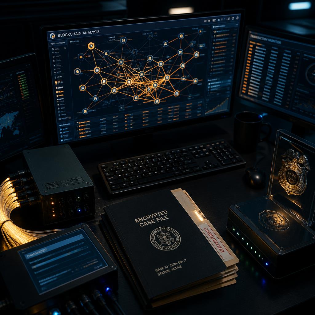 Dark forensic investigation workspace with monitors showing a blockchain network graph and encrypted case files